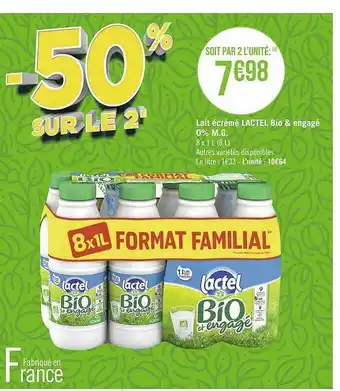 Lait écrémé lactel bio & engagé 0% m.g.