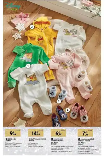 Intermarché Hyper Dors bien disney, surpyjama winnie winnie, chaussons layette minnie ou mickey disney, chaussons bébé debout minnie ou mickey offre