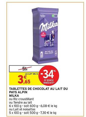 Intermarché Hyper Tablettes de chocolat au lait du pays alpin milka offre