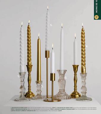 Monoprix Bougeoire en verre strié, bougeoir en métal, bougie flambeau torsade doré, bougie flambeau torsade blanc offre