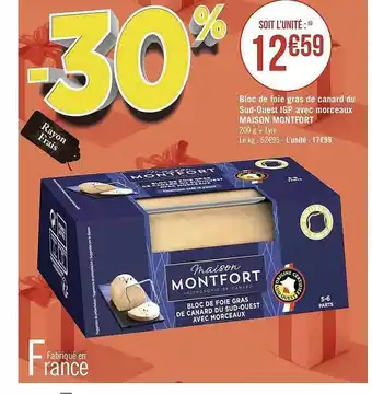 Géant Casino Bloc de foie gras de canard du sud-ouest igp avec morceaux maison montfort offre