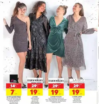 Stokomani Le haut asymétrique ou la jupe pailletée mim, la robe manoukian, la robe velours manoukian, la robe lamée la city offre