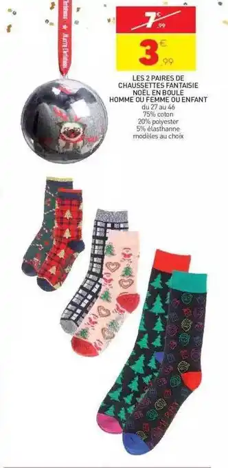 Stokomani Les 2 paires de chaussettes fantaisie noël en boule homme ou femme ou enfant offre
