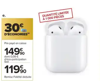 Carrefour Apple écouteurs sans fil apple airpods 2 avec boîtier de charge offre