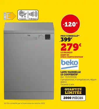 Hyper U Beko lave-vaisselle 13 couverts offre