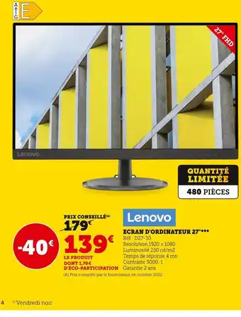 Hyper U Lenovo ecran d'ordinateur 27 offre