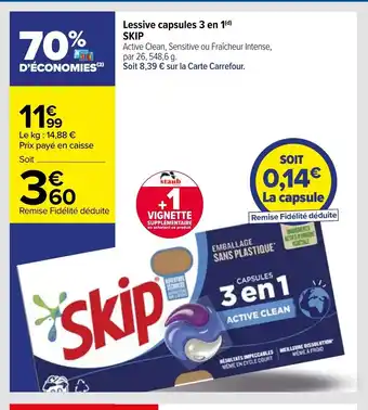 Carrefour Lessive Capsules 3 en 1 SKIP offre