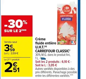 Carrefour Creme Fluide Entiere U.H.T Carefour Classic offre