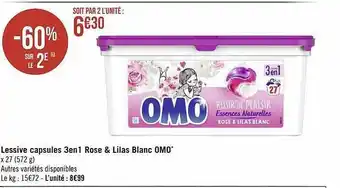 Géant Casino Lessive capsules 3 en 1 rose & lilas blanc omo offre