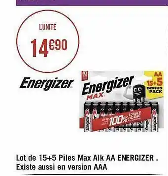Géant Casino Lot de 15+5 piles max alk aa energizer offre