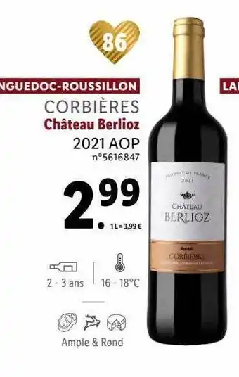 Lidl Languedoc-roussillon corbières château berlioz 2021 aop offre