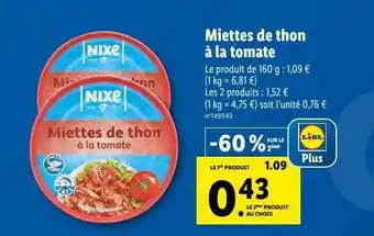 Lidl Miettes de thon à la tomate nixe offre