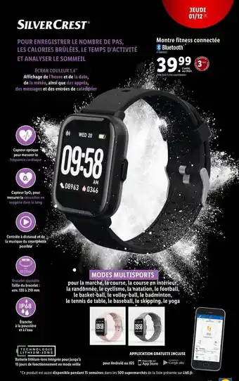 Lidl Montre fitness connectée bluetooth silvercrest offre