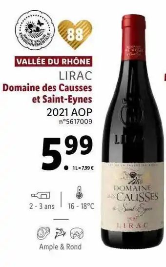 Lidl Vallée du rhône lirac domaine des causses et saint-eynes 2021 aop offre