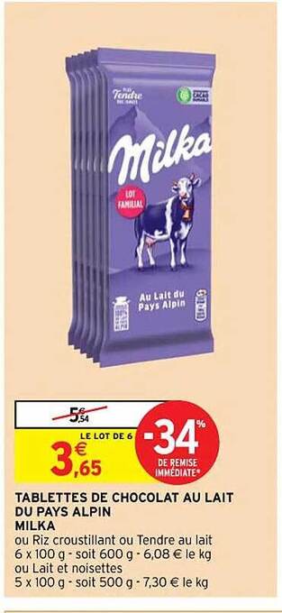 Intermarché Contact Tablettes de chocolat au lait du pays alpin milka offre