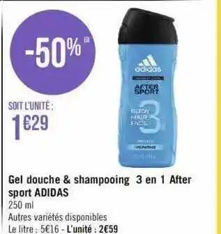 Géant Casino Gel douche & shampooing 3 en 1 after sport adidas offre