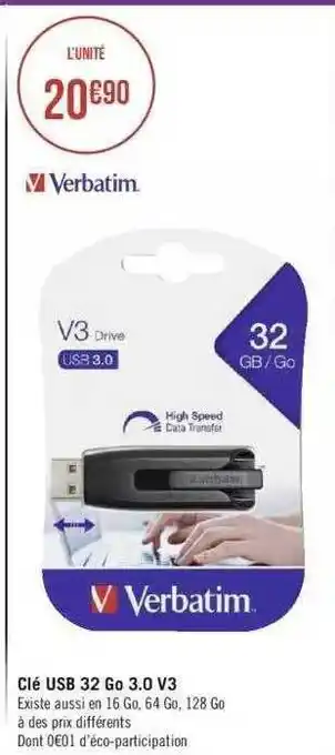 Géant Casino Verbatim clé usb 32 go 3.0 v3 offre