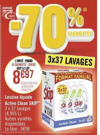Géant Casino Lessive liquide active clean skip offre