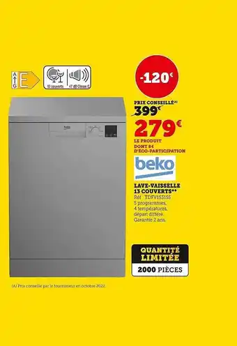 Hyper U Lave-vaisselle 13 couverts beko offre