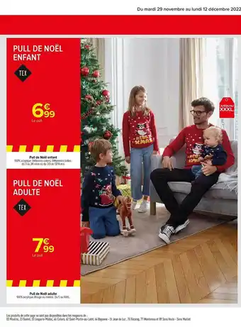 Carrefour Pull de noël enfant tex, pull de noël adulte tex offre