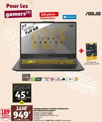 Auchan Asus portable gamer a17-tuf706ic-hx048w + pack norton 360 platinum offre