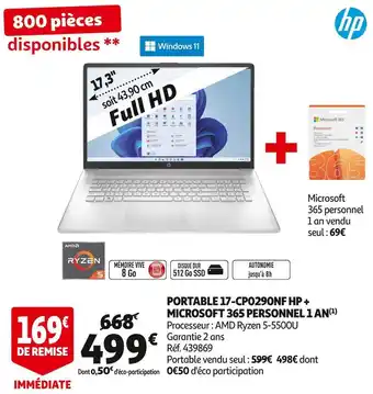 Auchan Hp portable 17-cp0290nf + microsoft 365 personnel 1 an offre