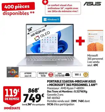 Auchan Asus portable s1603ia-mb014w + microsoft 365 personnel 1 an offre