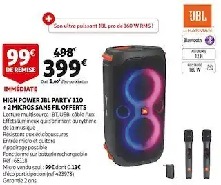 Auchan Jbl high power jbl party 110 + 2 micros sans fil offerts offre
