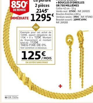 Auchan Parure collier + boucles d'oreilles or 750 millièmes offre