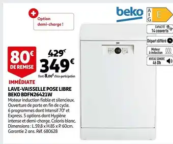 Auchan Beko lave-vaisselle pose libre bdfn26421w offre