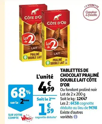 Auchan Côte d'or tablettes de chocolat praliné double lait offre