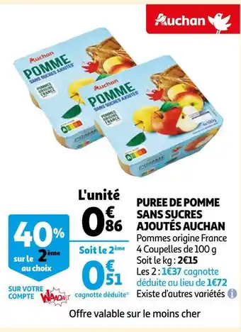 Auchan Auchan puree de pomme sans sucres ajoutés offre