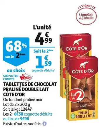 Auchan Supermarché Côte d'or tablettes de chocolat praliné double lait offre