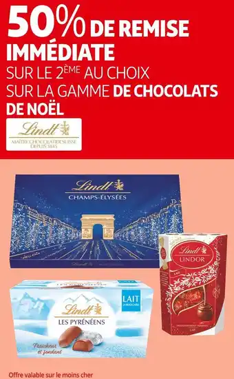 Auchan Supermarché Lindt 50% de remise immédiate sur le 2ème au choix sur la gamme de chocolats de noël lindt offre
