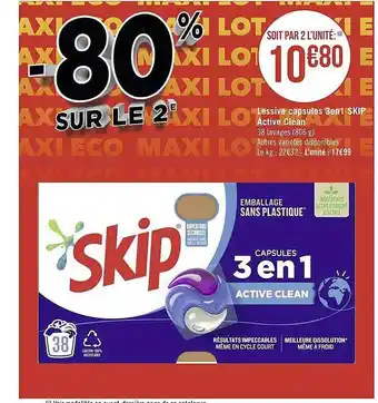 Casino Supermarchés Lessive capsules 3 en 1 skip active clean offre
