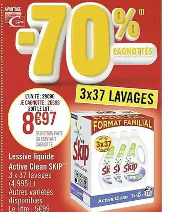 Casino Supermarchés Lessive liquide active clean skip offre