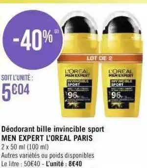 Géant Casino Déodorant bille invincible sport men expert l'oreal paris offre