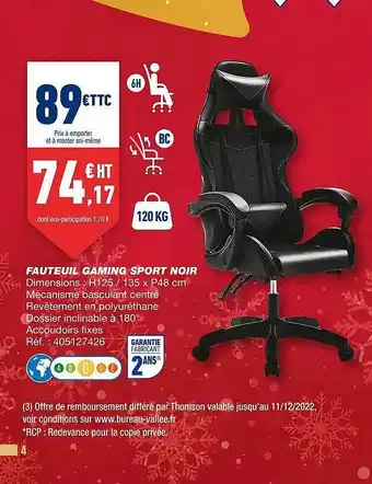 Bureau Vallée Fauteuil gaming sport noir offre