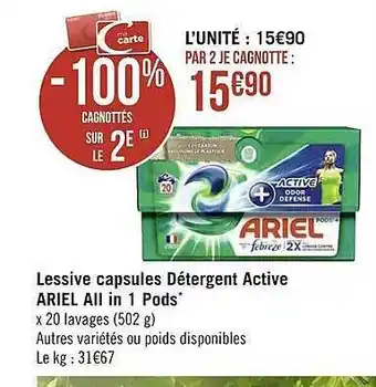 Casino Supermarchés Lessive capsules détergent active ariel all in 1 pods offre
