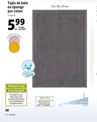 Lidl Tapis de bain en éponge pur coton offre