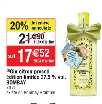 Cora x Carrefour Gin Citron Presse edition Limitee 37,7%vol Bombay 70cl offre