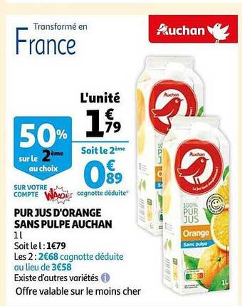 Auchan Pur jus d'orange sans pulpe auchan offre