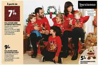 Auchan Pull de noël bébé ou enfant inextenso, pull de noël femme ou homme inextenso, peluche renne de noël inextenso offre
