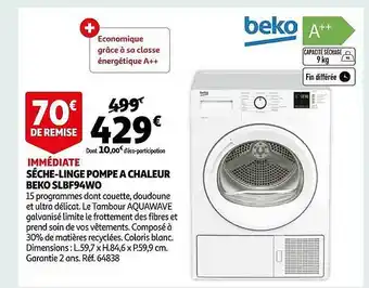 Auchan Sèche-linge pompe à chaleur beko slbf94w0 offre
