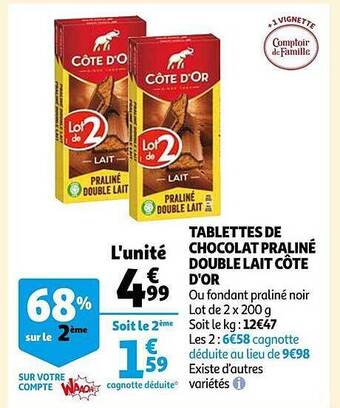 Auchan Tablettes de chocolat praliné double lait côte d'or offre