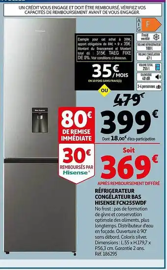 Auchan Réfrigérateur congélateur bas hisense fcn255wdf offre