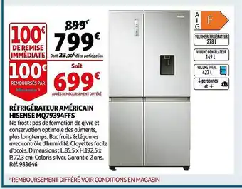 Auchan Réfrigérateur américain hisense mq79394ffs offre