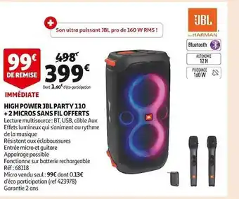 Auchan High power jbl party 110 + 2 micros sans fil offerts offre