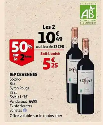 Auchan Igp cevennes solar 6 bio syrah rouge offre