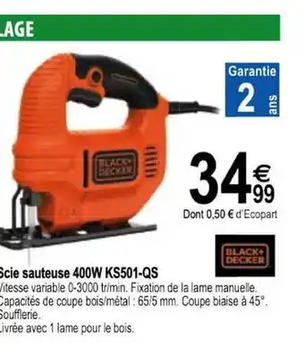 Tridôme Scie Sauteuse 400w Ks501-qs Black+decker offre